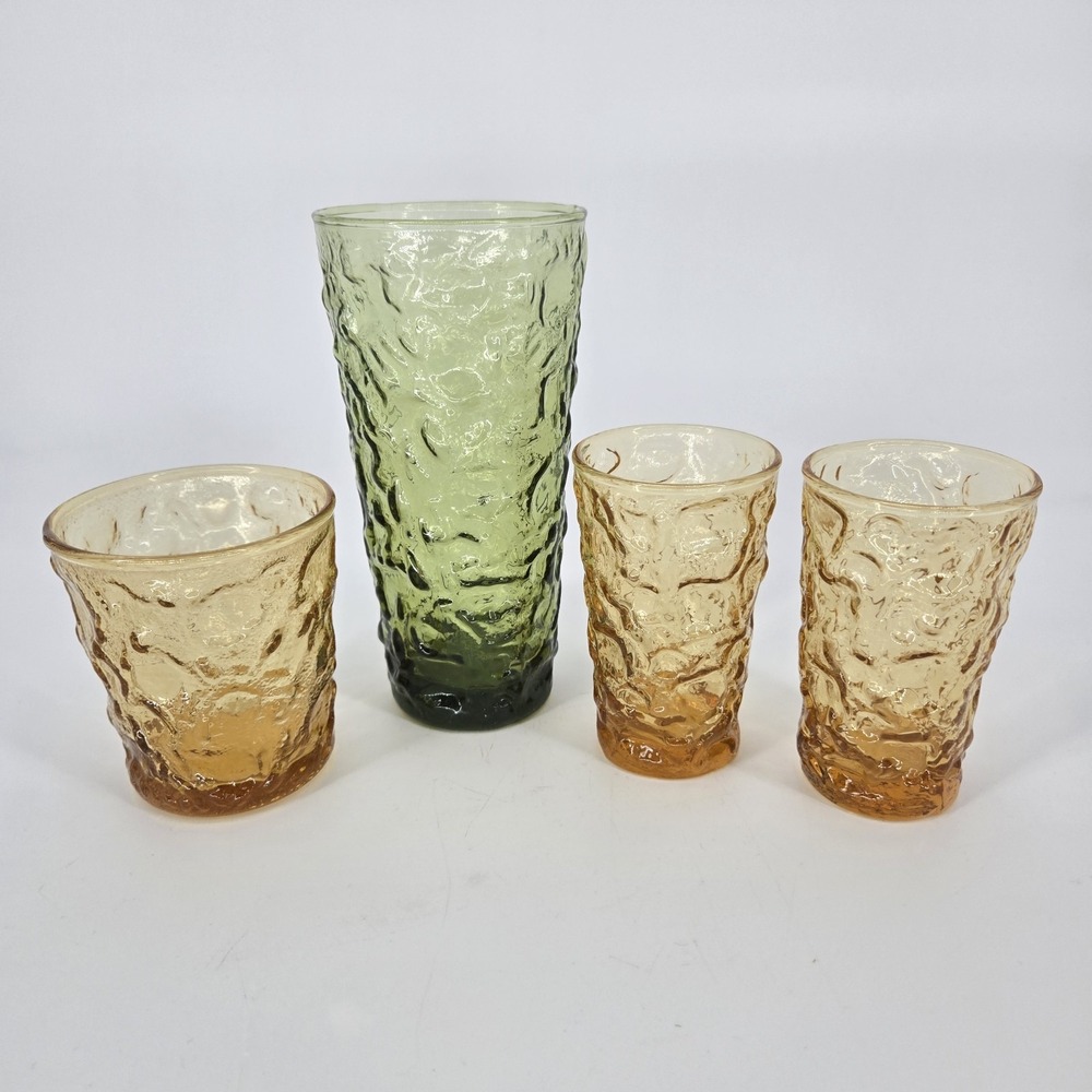 Anchor Hocking Lido Milano Crinkle Glass Lot Amber Honey Green Tumblers Vintage